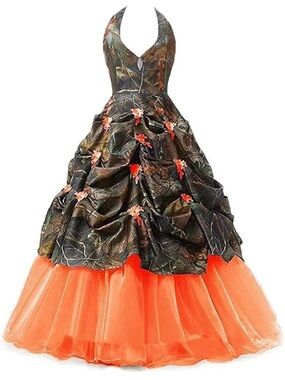 Camouflage Halter Ball Gown with Orange Tulle